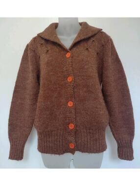 Vintage 70s Albee Brown Marled Cardigan Orange Buttons Collar Pockets M